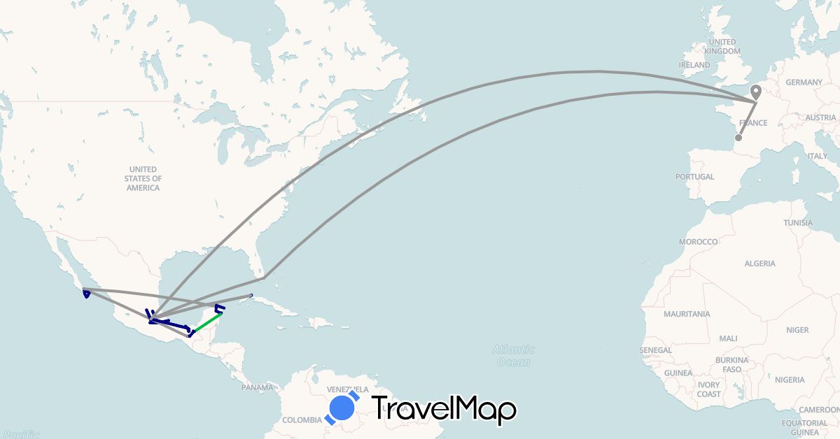 TravelMap itinerary: driving, bus, plane, boat in Cuba, France, Mexico, United States (Europe, North America)